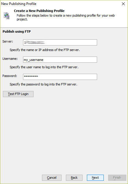 Enter the Server, Username, and Password required to FTP files to the remote server.